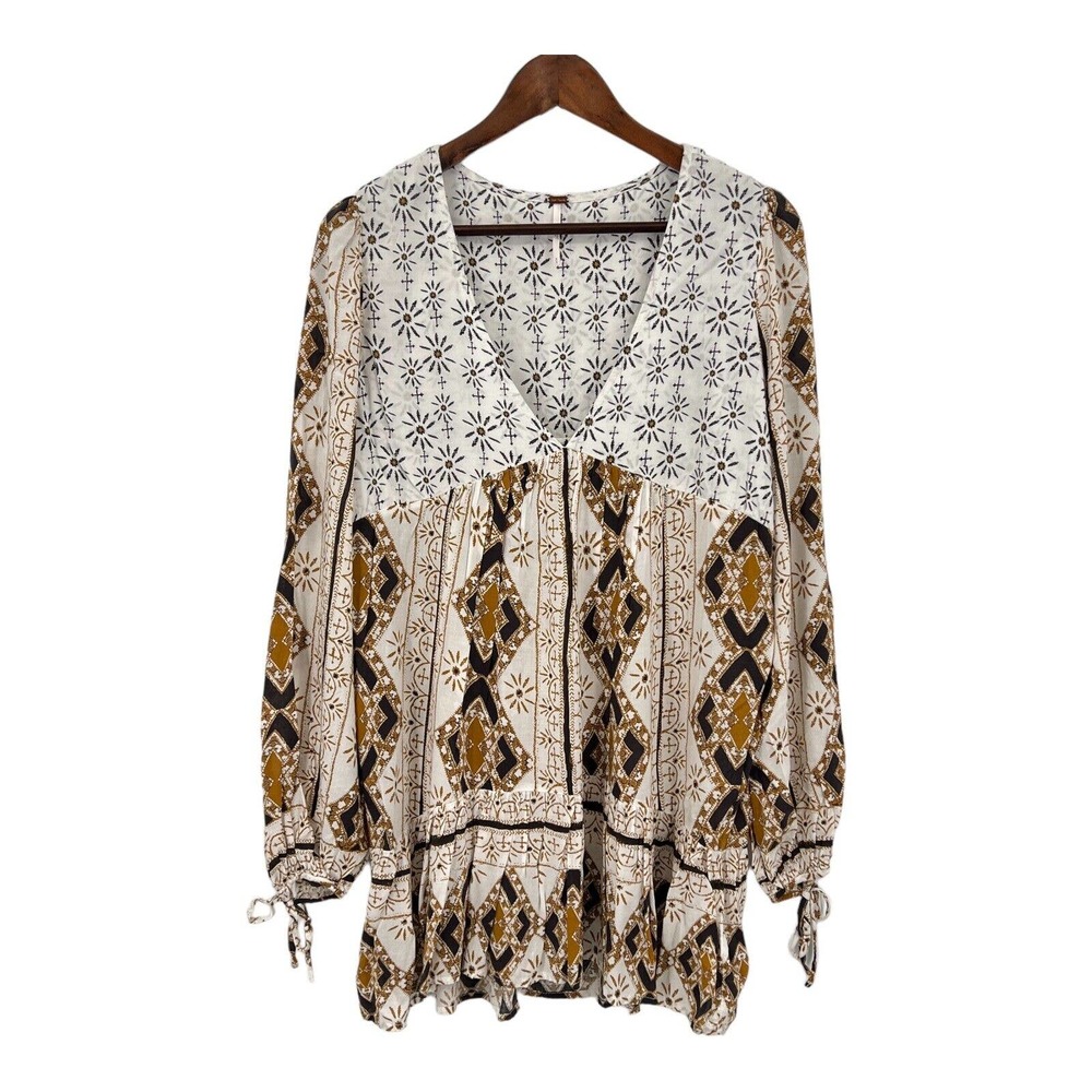 Free People Down By The Bay Tunic Top Womens Medium Ivory 60's Rayon Boho LS